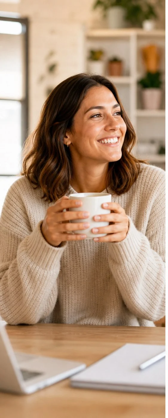 Smiling team member holding a coffee mug